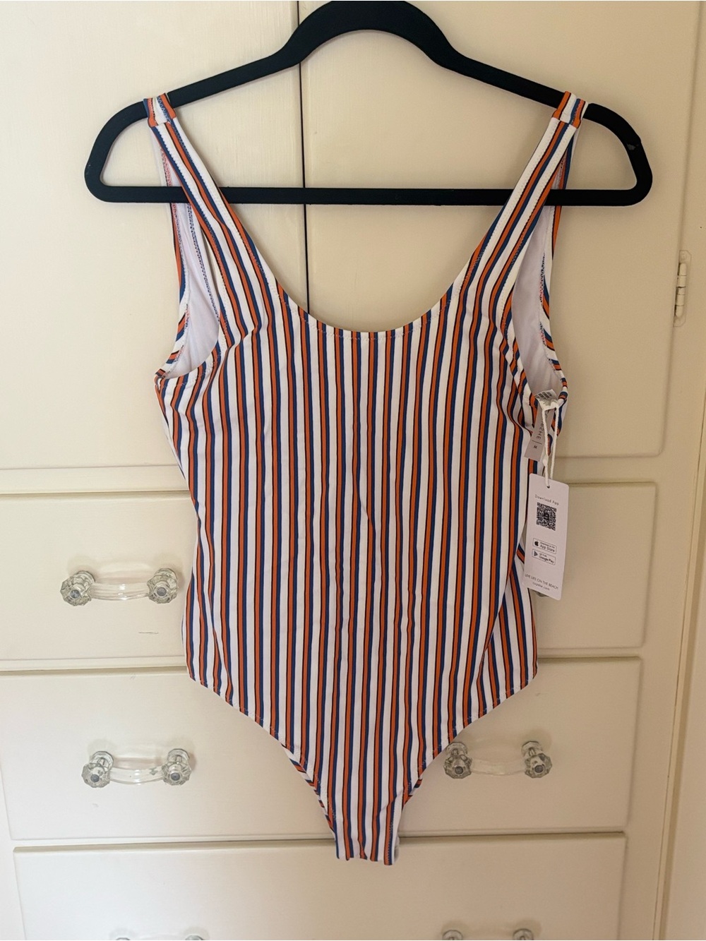 Striped One-Piece Swimsuit in White, blue & orange